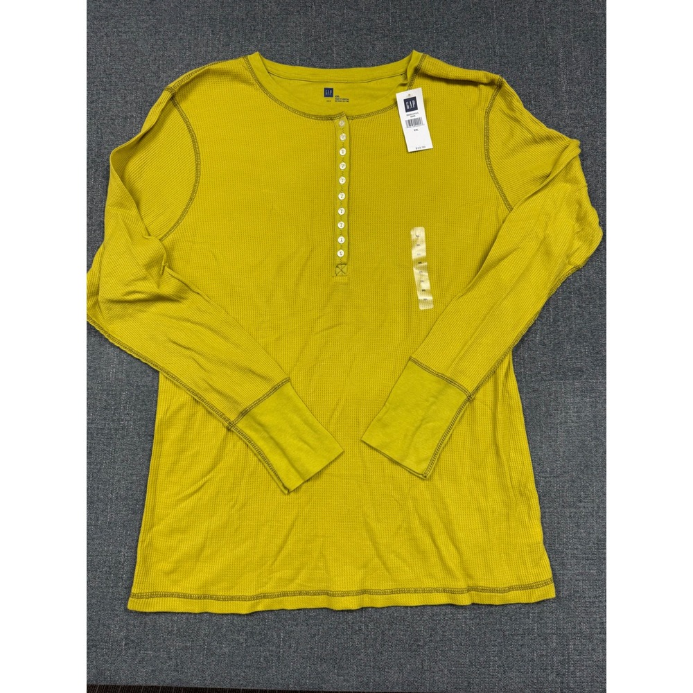 Gap Womens XXL Chartreuse Yellow Waffle Knit Henley Long Sleeve Shirt 592213